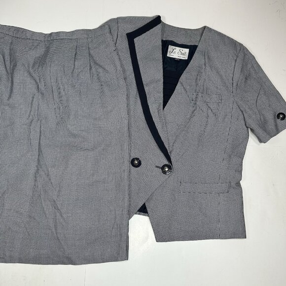 Vtg Le Suit Women 2pc Skirt Suit Short Sleeve Blue Houndstooth Lined 2 Button 14 - Picture 2 of 10